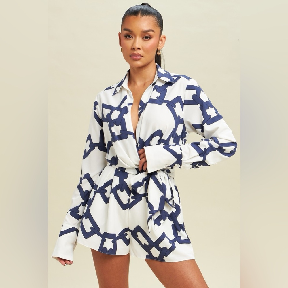 White & Navy Chain Print Shirt Dress